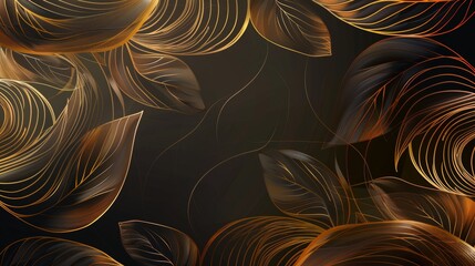 The golden leaves background is an abstract wavy floral art. Modern illustration, line illustration, and wallpaper with a nature design texture.