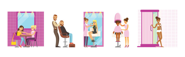 People Character at Beauty Salon Scenes Vector Set