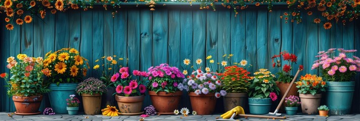 A garden scene with colorful flowers in pots, gardening tools like trowels and yellow gloves on the ground at sunny spring day.