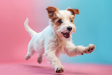 Puppy running on pink and blue background with paw up
