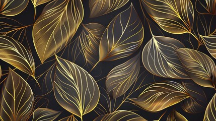 Gold line elegant wavy texture, Japanese style botanical illustration, floral plant luxury texture, elegant wallpaper. Vintage decor print.