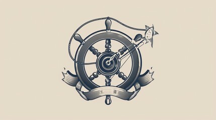 Fototapeta premium The vintage logo template for seafood features a fishing reel and scale