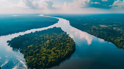areal view of_the vast amazon river and amazonian, generative Ai