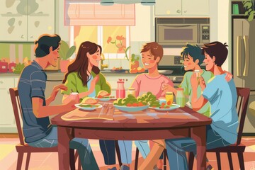 An family gathered around a dining table, sharing a meal with smiles and conversation, with a warm, inviting kitchen in the background