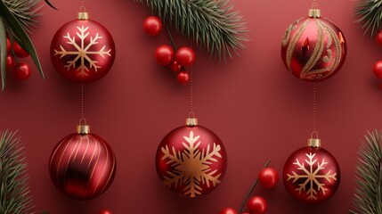 Set of 3D realistic red and gold vintage Christmas and new year 2020 banner, cover, background with shiny Christmas ball, cherry, snowflake, Xmas tree leaf, golden branches, modern illustration