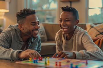 Fototapeta premium An LGBTQ family playing a board game together in a cozy living room, with everyone laughing and enjoying the friendly competition