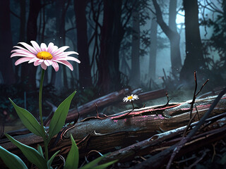 two pink flowers in the dark forest with one that has a yellow flower.