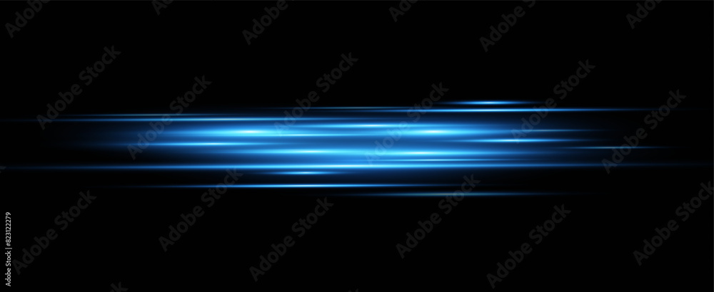 Poster neon blue horizontal speed lines. glowing stripes. laser beams. light lines of movement and speed in