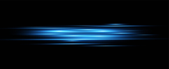 Fototapeta premium Neon blue horizontal speed lines. Glowing stripes. Laser beams. light lines of movement and speed in neon color.Beautiful flash of light and sparks. 