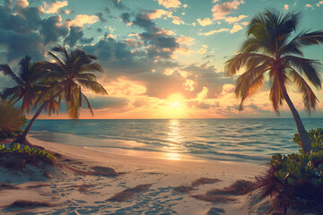 A view of a beach with palm trees and a sunset