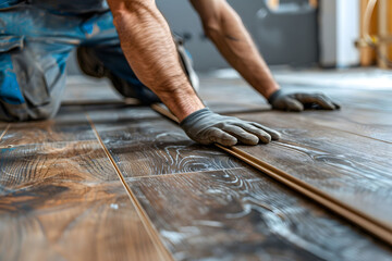 A man installing wooden floor with hammer
