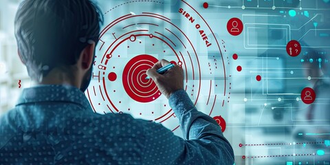 Businessman drawing red circles on social network diagram with people icons in virtual screen, customer target concept for marketing and sales technology or human resources.