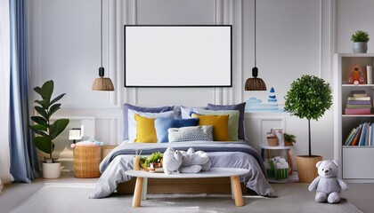 Mockup - A large poster showing a photo frame on the wall in a children's room