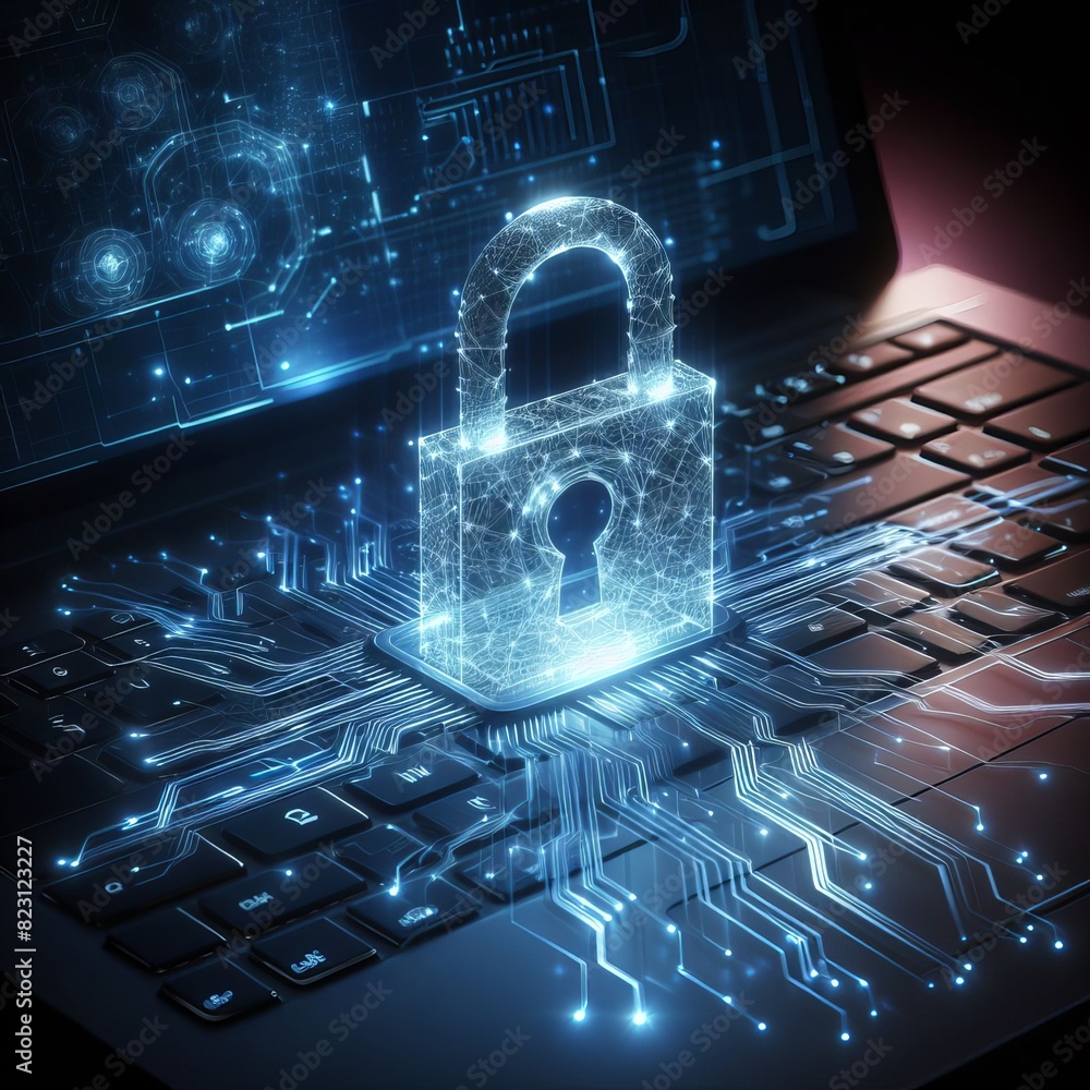 Poster a vivid depiction of cyber security concept with a glowing digital padlock on a laptop keyboard, hig