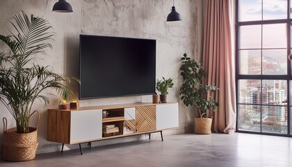 TV with a black screen in a modern loft-style apartment with a concrete wall and a window through which the sun's rays fall