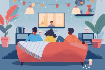 Art a family sitting on a comfortable sofa, watching a movie on TV with popcorn and blankets, creating a relaxed and joyful atmosphere