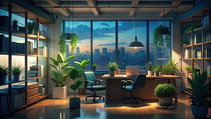 Workspace in a modern office with a coworking zone and a shelf filled with plants near a panoramic window