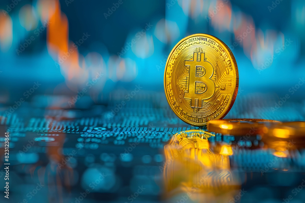 Poster close up of bitcoin on computer board with gold coin