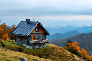 A small cabin on a hill overlooking the mountains