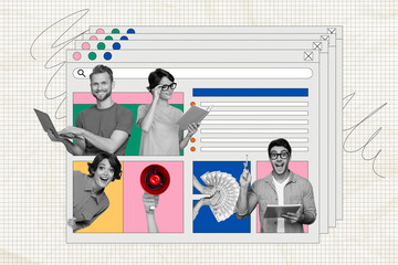 Composite photo collage of happy business people organization tab freelance team dollars megaphone...