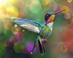 Colorful hummingbird feathers in flight