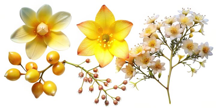 Set of delicate yellow Berberis thunbergii flowers, pink Chamelaucium, and white Gypsophila isolated on a white background