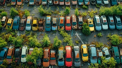 A row of yellow cars are parked in a field of weeds