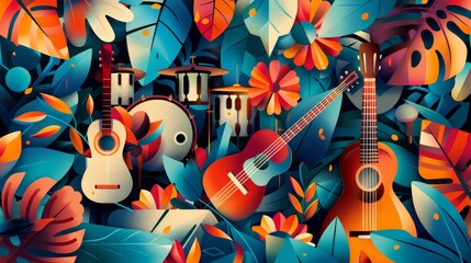 Colorful Abstract Art with Guitars, Drum Kit, and Vibrant Musical Performance