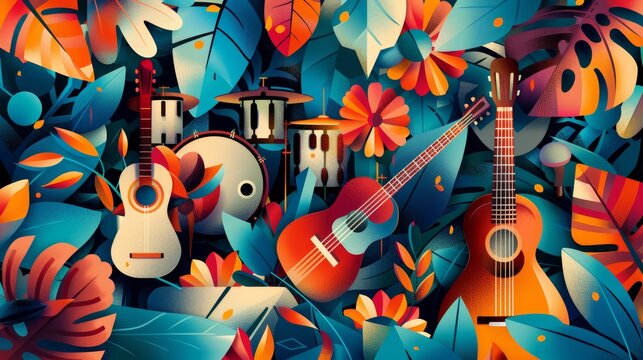 Colorful Abstract Art with Guitars, Drum Kit, and Vibrant Musical Performance