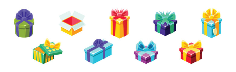 Wrapped Gift Box with Bright Ribbon Bow Vector Set