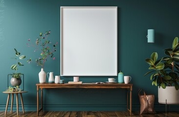 A blank white poster frame on the wall of an office, wooden desk with vases and coffee mugs