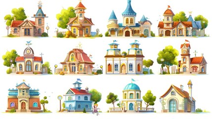 School, kindergarten, and university buildings isolated on white background. An illustration of education houses, the exterior of a college, primary or elementary school, or a daycare facility.