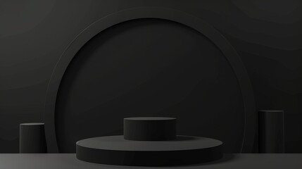 Mockup of a black podium with geometry shapes background. Dark minimal pedestal template with geometry shapes background.