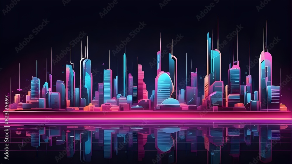 Poster vector image of a cityscape, with neon lights and metropolitan architecture in space. futuristic, sc