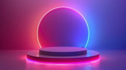 This is a futuristic neon podium scene template with an abstract geometric backdrop, realistic modern pedestal mockup template