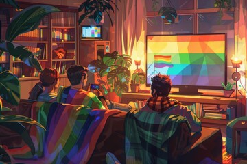 A cozy living room scene with friends watching TV, one of them wearing a rainbow-themed scarf and a small Pride flag on a bookshelf