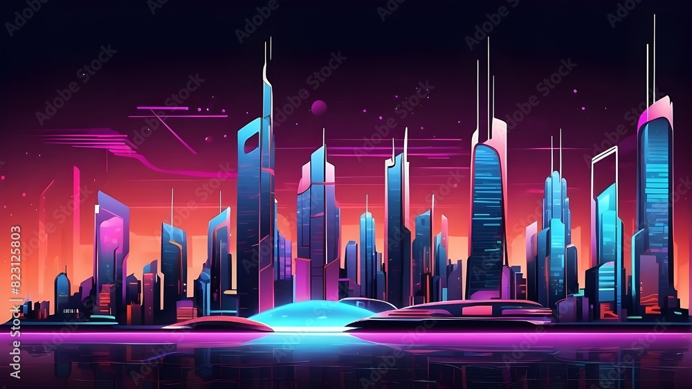 Poster vector image of a cityscape, with neon lights and metropolitan architecture in space. futuristic, sc