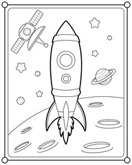 Rocket in space suitable for children's coloring page vector illustration