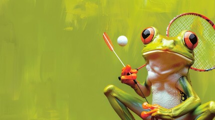 Naklejka premium A green frog playing tennis, with a tennis racket in its hand and a ball on the racket. The frog is looking at the ball with its big eyes.
