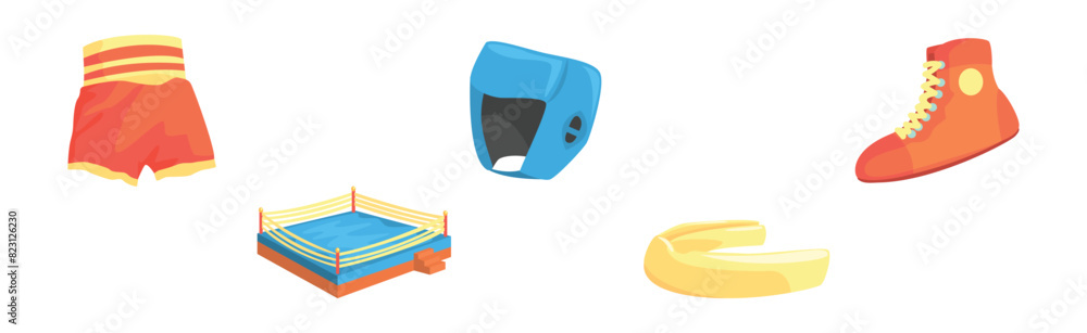 Poster boxing object and attributes for fight and punching vector set