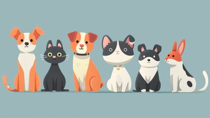 A group of cartoon animals including a cat, a rabbit and four dogs of various breeds.