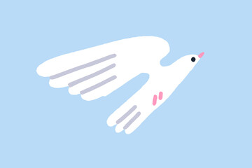 Obraz premium Dove flying. Peaceful bird soaring in sky, spreading wings in air. Peace and freedom concept. Calm serene white pigeon gliding. Tranquil flight. Flat vector illustration isolated on white background