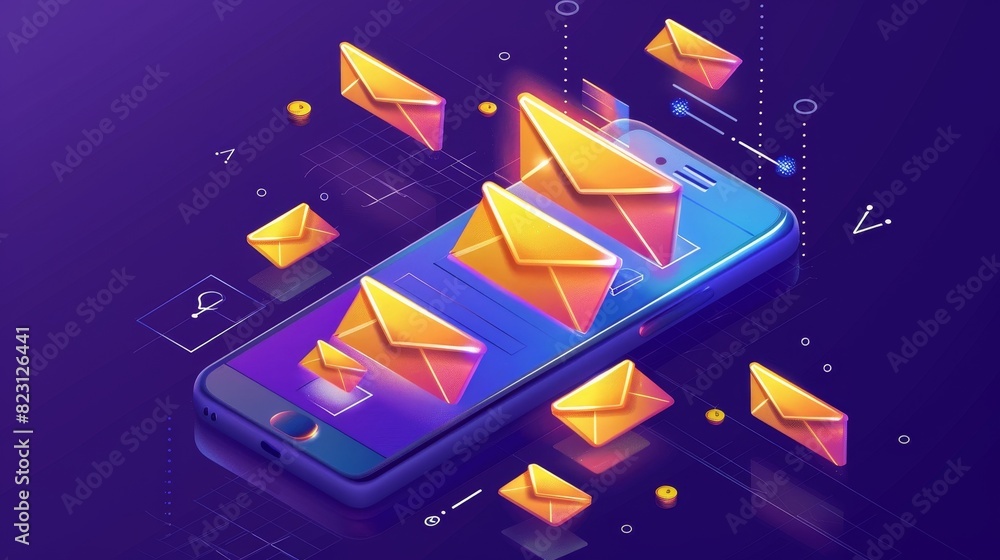 Poster angular spam landing page. mobile smartphone screen with letter envelopes. marketing emails via elec