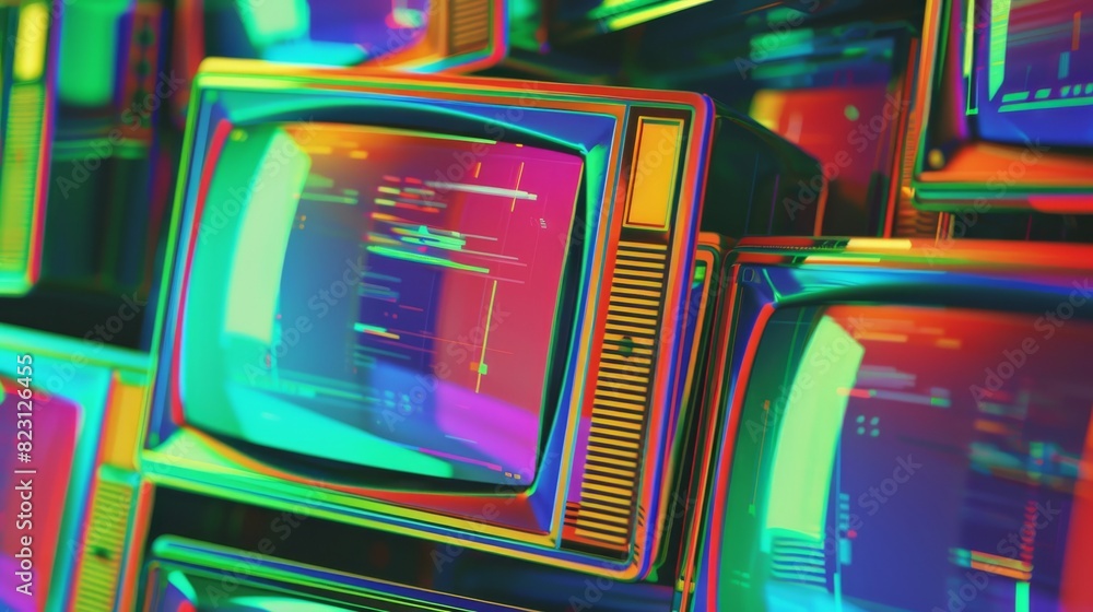 Poster an image collection of distorted rgb glitches, screen errors, retro crt televisions, and scanlines b