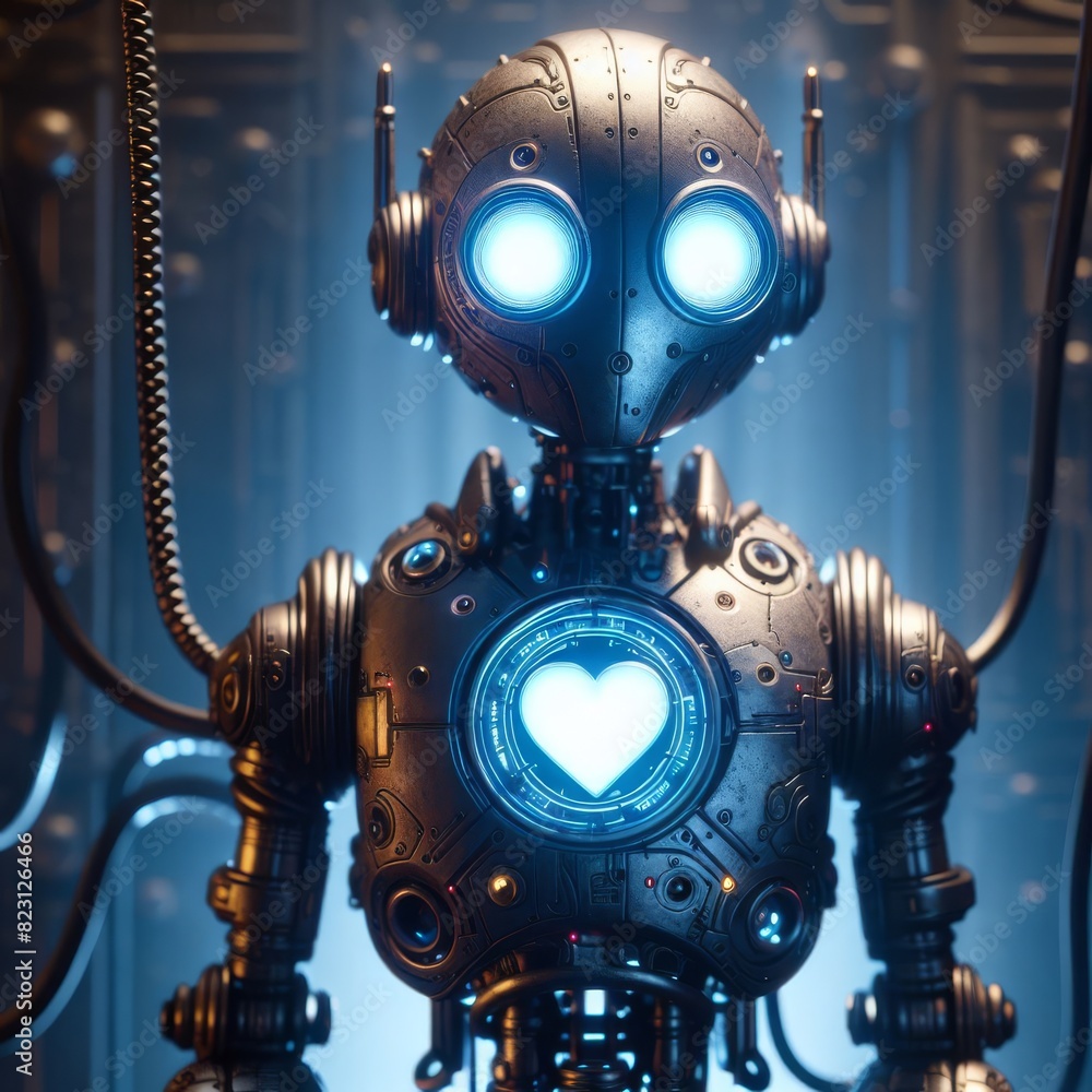 Poster a detailed depiction of a steampunk-style robot with a glowing heart, situated in a complex industri