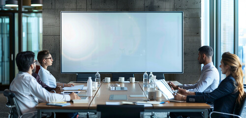 Contemporary boardroom scene with business professionals looking at a large blank rectangular TV...