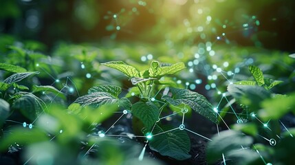 A smart potato farm designed with elegant networking lines connecting each plant, data lines flowing upwards to IoT storage units, symbolizing advanced agricultural technology. Generative AI.