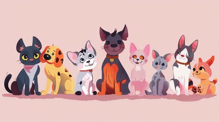 Obraz premium A group of cute cartoon animals including dogs and cats of various breeds.