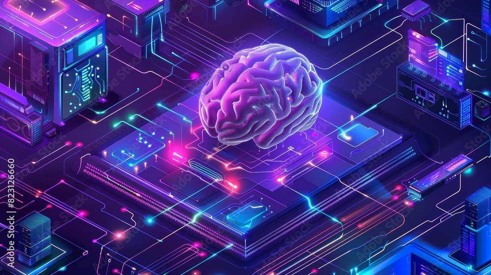 Poster ai robot prints a giant human brain on a 3d printer equipped with microcircuit chips. artificial int