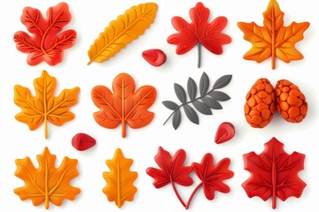 Set of autumnal icons: a rowan tree, an orange maple leaf, a yellow oak leaf. Modern 3D art of plasticine.